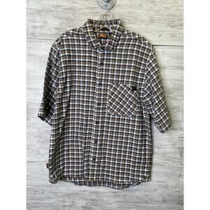 Timberland PRO Shirt Mens Medium Black Iris Blue Orange Plaid Original Fit Work